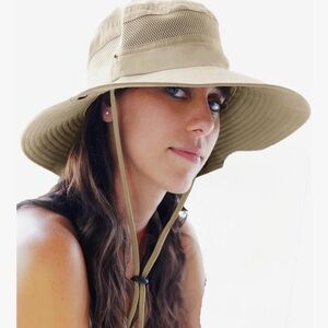 NEW TAN WIDE BRIM SUN BUCKET HAT, ONE SIZE, ADJUSTABLE STRAP/HEAD SIZE UPF 50